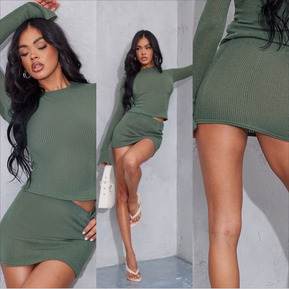 PrettyLittleThing Khaki Sheer Soft Rib Low Waist Micro Mini Skirt